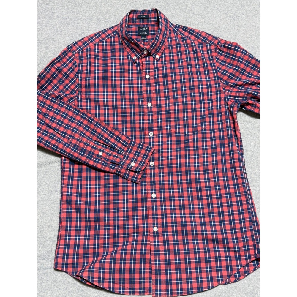 J.Crew Flex Washed Slim Fit Plaid Button Down Shirt Mens Medium Red Navy Blue